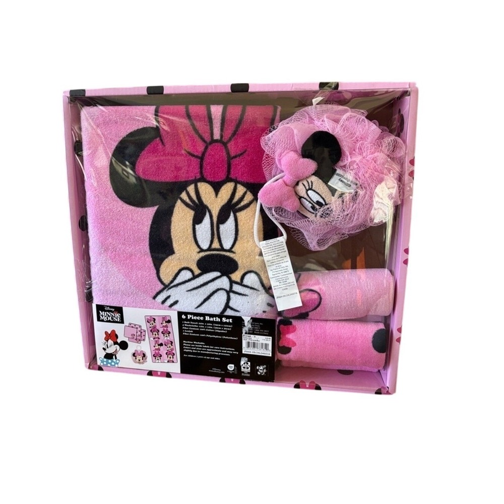 Disney Minnie Mouse 6 Piece Bath Gift Set: 1 Towel 4 Washcloths  Loofah Pink NEW
